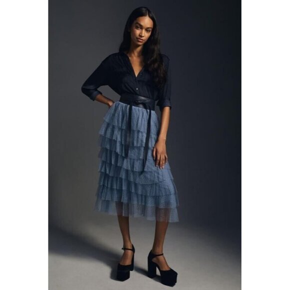 NWT by Anthropologie Tiered Tulle Midi in Sky Blue Layered Skirt S - Picture 1 of 7
